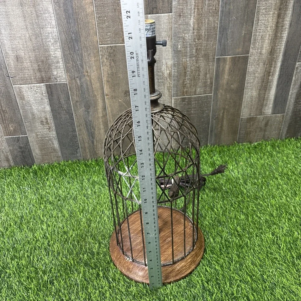 Vintage Birdcage Table Lamp Rustic Metal Wood Birds Farmhouse Decor